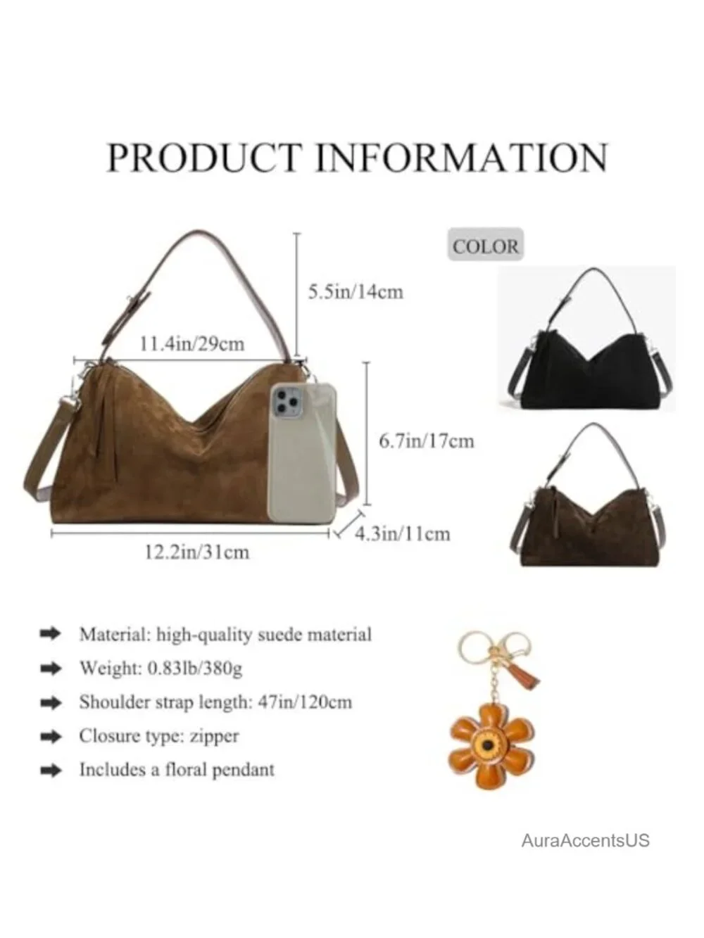 Faux Suede Hobo Bag Women Convertible Crossbody Purse with Flower Keychain